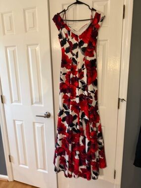 Morgan & Co. Red Floral Maxi Dress with V-Neck
